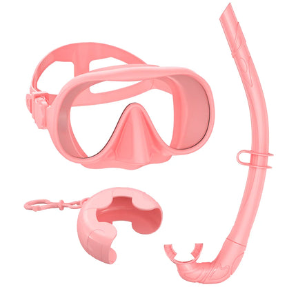 Frameless Snorkel Mask Set Panoramic Ultra Wide View Tempered Glass Wet Snorkeling Tube with BC Poctet Swimming Goggles Adults