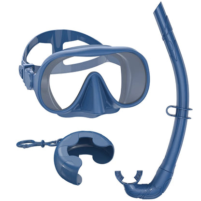 Frameless Snorkel Mask Set Panoramic Ultra Wide View Tempered Glass Wet Snorkeling Tube with BC Poctet Swimming Goggles Adults