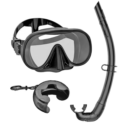 Frameless Snorkel Mask Set Panoramic Ultra Wide View Tempered Glass Wet Snorkeling Tube with BC Poctet Swimming Goggles Adults