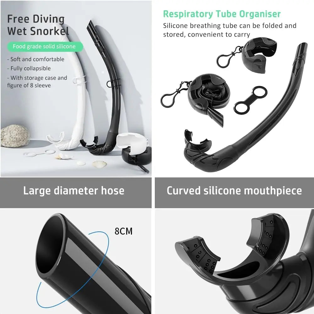 Frameless Snorkel Mask Set Panoramic Ultra Wide View Tempered Glass Wet Snorkeling Tube with BC Poctet Swimming Goggles Adults