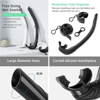 Frameless Snorkel Mask Set Panoramic Ultra Wide View Tempered Glass Wet Snorkeling Tube with BC Poctet Swimming Goggles Adults