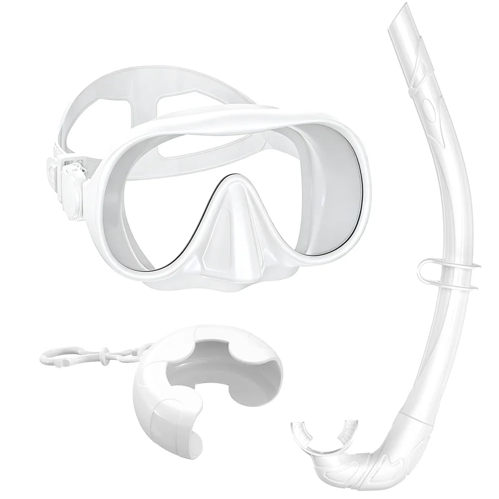 Frameless Snorkel Mask Set Panoramic Ultra Wide View Tempered Glass Wet Snorkeling Tube with BC Poctet Swimming Goggles Adults