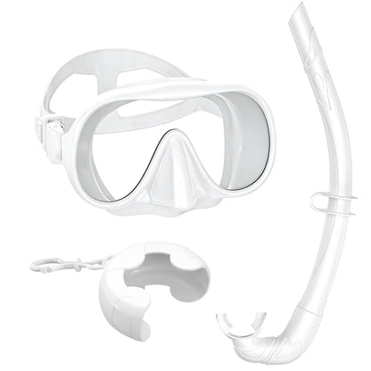 Frameless Snorkel Mask Set Panoramic Ultra Wide View Tempered Glass Wet Snorkeling Tube with BC Poctet Swimming Goggles Adults