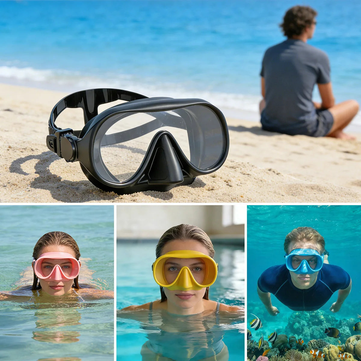 Frameless Snorkel Mask Set Panoramic Ultra Wide View Tempered Glass Wet Snorkeling Tube with BC Poctet Swimming Goggles Adults