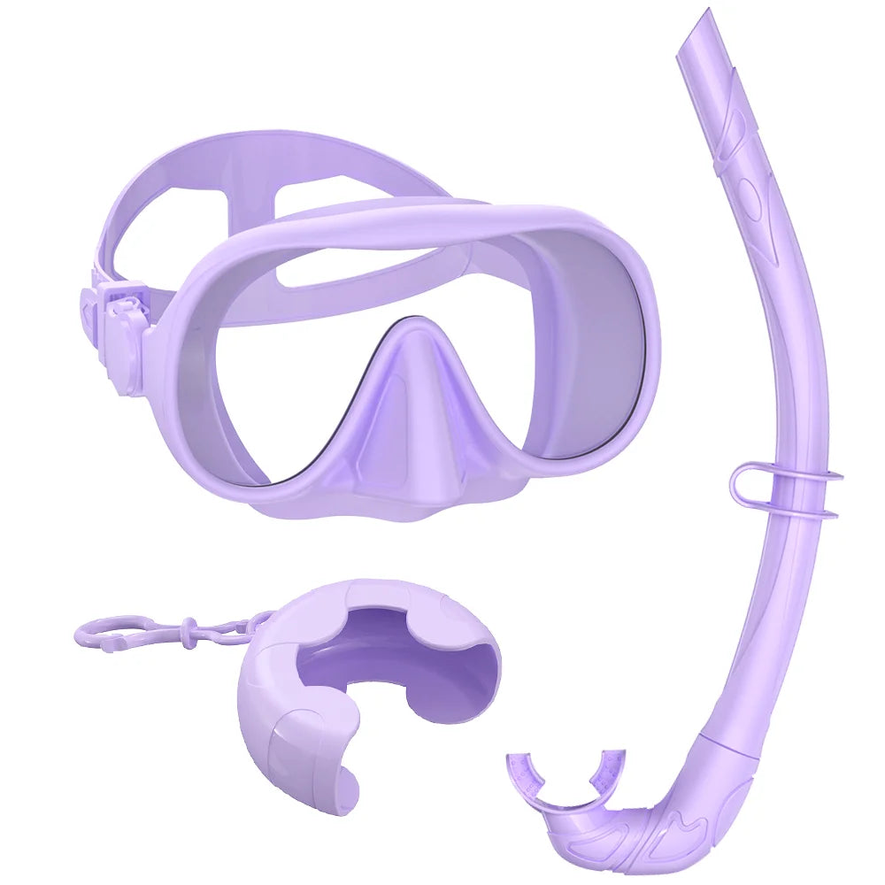 Frameless Snorkel Mask Set Panoramic Ultra Wide View Tempered Glass Wet Snorkeling Tube with BC Poctet Swimming Goggles Adults