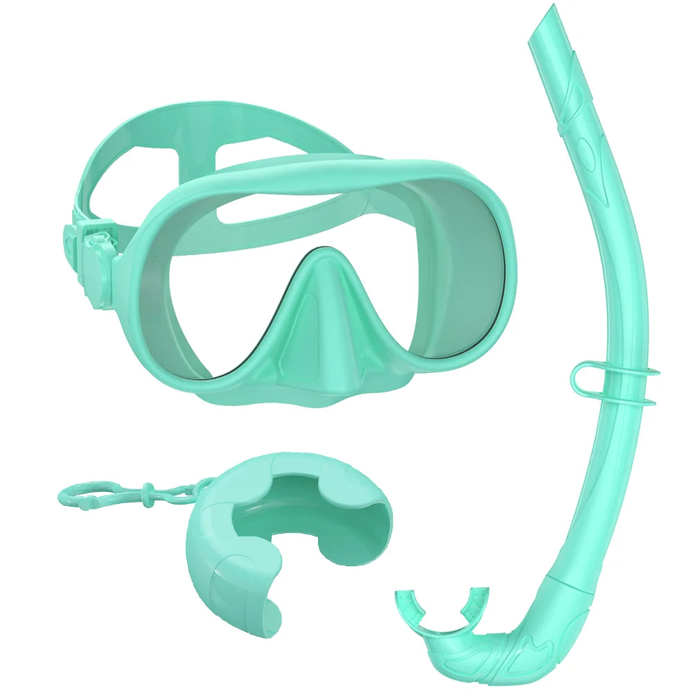 Frameless Snorkel Mask Set Panoramic Ultra Wide View Tempered Glass Wet Snorkeling Tube with BC Poctet Swimming Goggles Adults