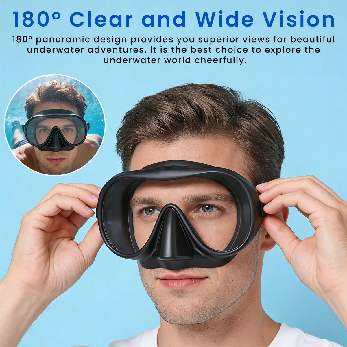Frameless Snorkel Mask Set Panoramic Ultra Wide View Tempered Glass Wet Snorkeling Tube with BC Poctet Swimming Goggles Adults