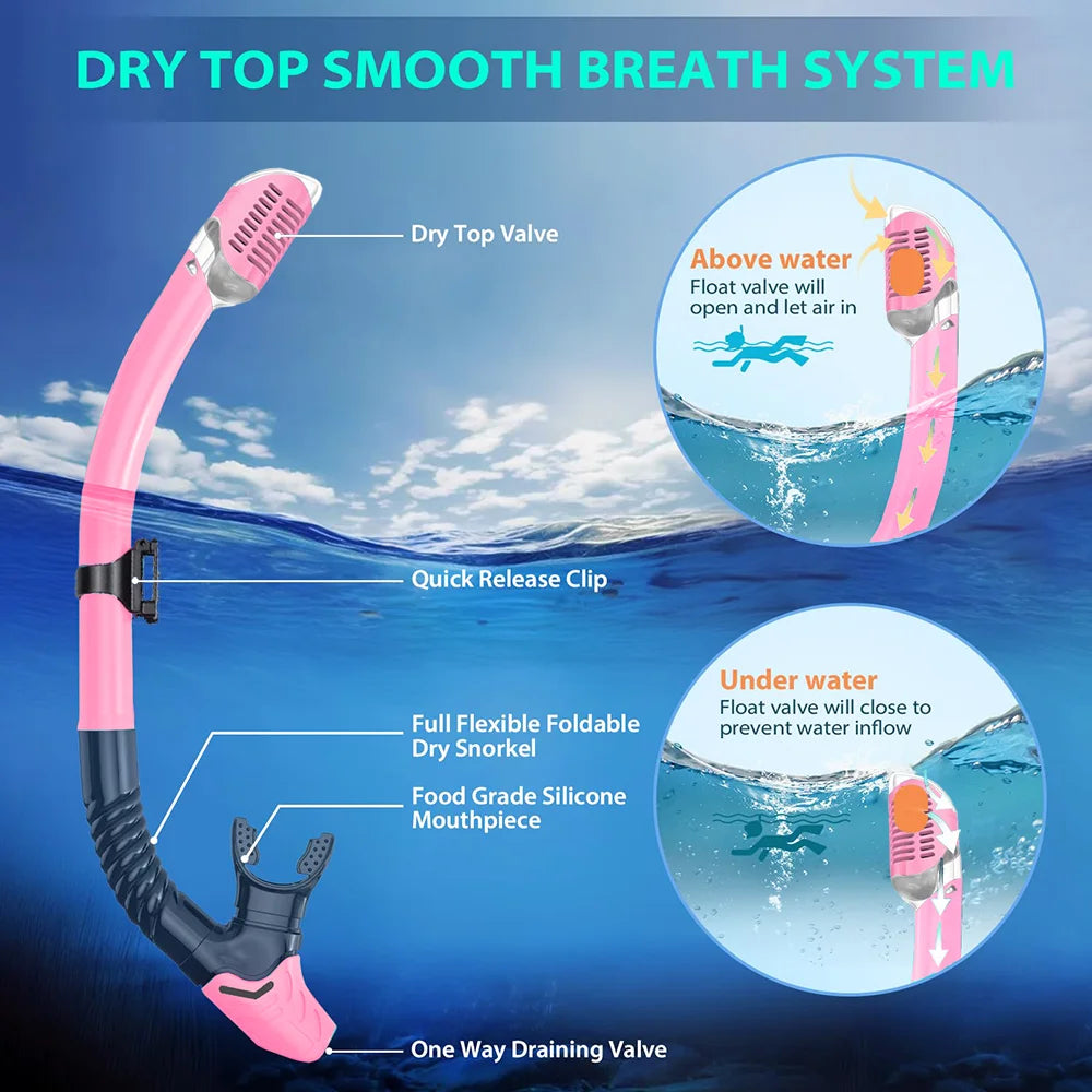 Diving Mask Fin Snorkel Set for Adult Panoramic View Snorkel Mask Adjustable Dive Flipper Dry Top Snorkel and Travel Bag